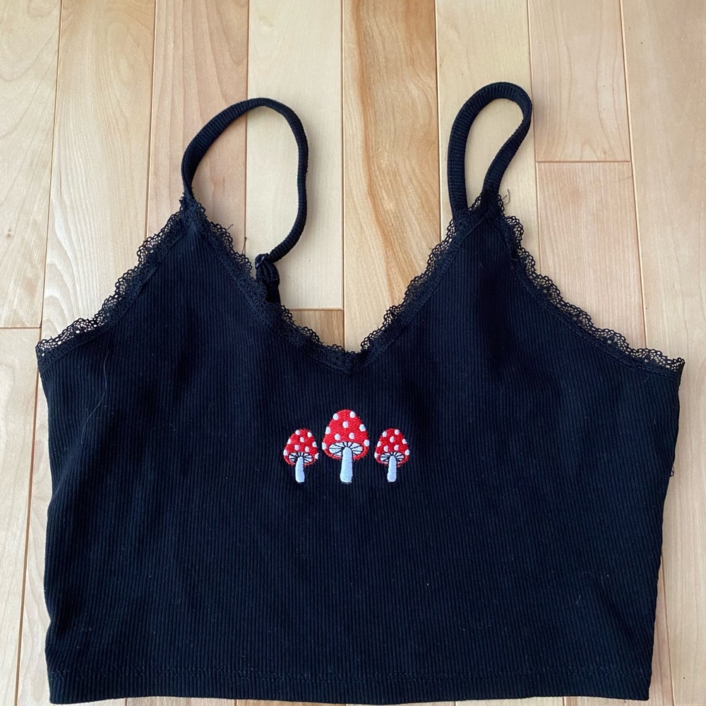 Streetwear Society Black Top with Red Mushrooms